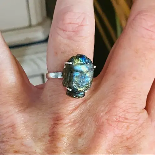 Buddha Labradorite Face Carved Solid Sterling Silver Ring Size 8