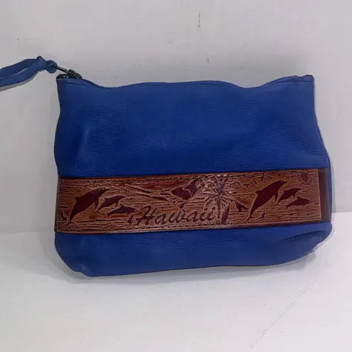 Aloha From Hawaii Dyed Leather Embellished Zip Wristlet Coin Purse Wooden Fish Blue