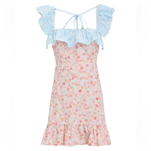 NWT RIXO Kai Abstract Print Ruffle Pastel Pink Blue Square Neck Mini Dress US 6