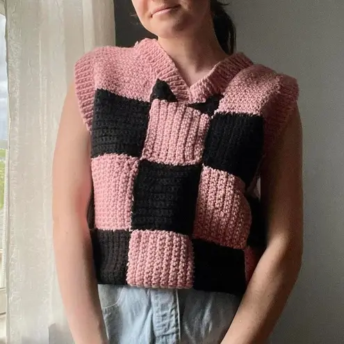 Handmade Crochet Pink and Black Checkered Sweater Vest