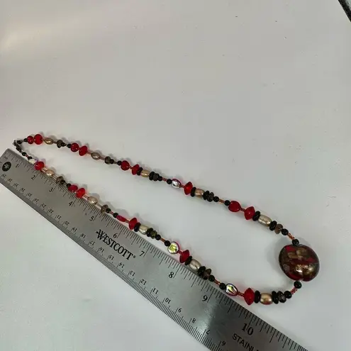 Red, black and faux pearl beaded necklace Red