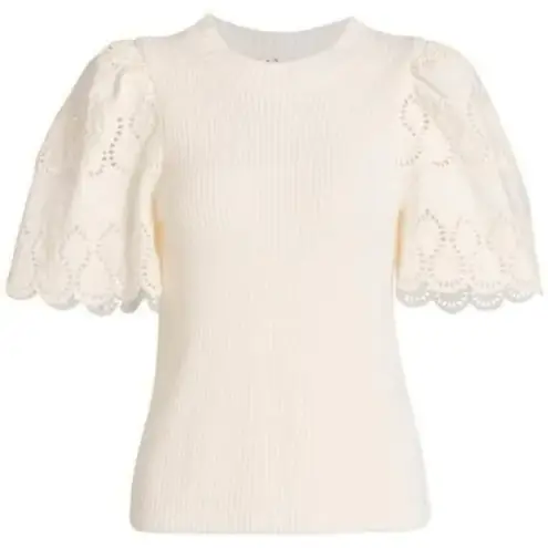 Sea New York Nadene Eyelet Cream Wool Knit Sweater White Short Sleeve Crewneck S Size XS