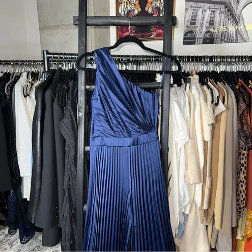 Abercrombie & Fitch  Giselle Pleated One-Shoulder Jumpsuit in Navy Satin thumbnail 3