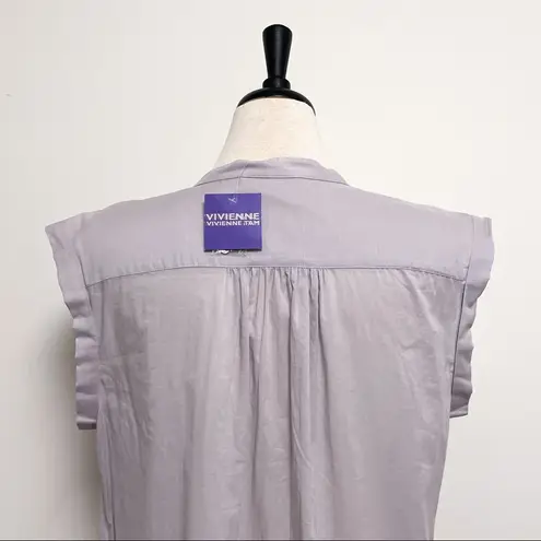 Vivienne Tam Light Gray Button Down V Neck Cuff Extended Shoulder Blouse NWT 10