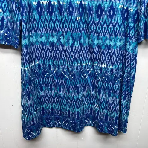 Caribbean Joe Diamond Print 3/4 Sleeve Henley Blue Shift Dress Women's Sz Medium