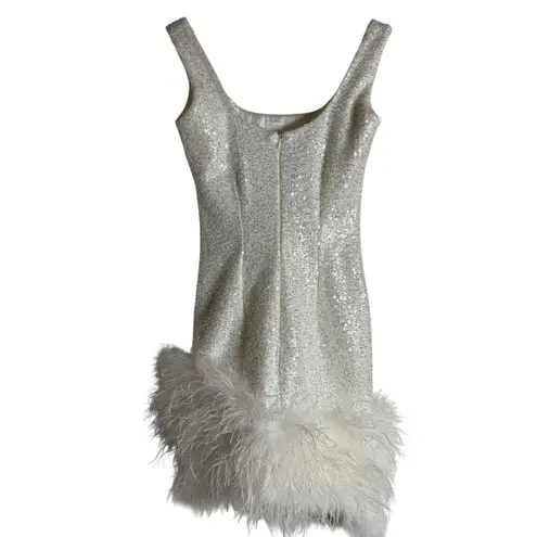 Nadine Merabi Evie White Sequined Feather Hem Sleeveless Asymmetric Mini Dress S