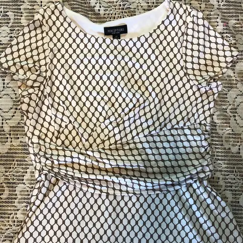 Perceptions NY Brown White A-Line Midi Dress XL cap sleeves round neck