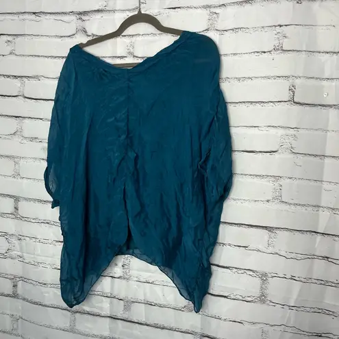 Tempo Paris Teal Crinkle V-Neck Tunic Top Women’s S Boho Oversized Asymmetrical