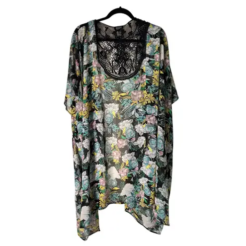 Avenue Floral Print Kimono Open Front Plus Size 22/24 Black Lace Trim Topper