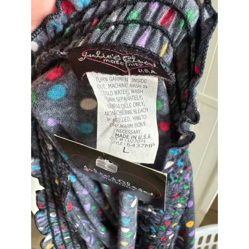 julie's closet Womens Top Sz L Maternity Gray Colorful Polka Dots Knit Ruffles