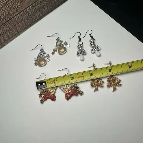 Angel Bear, Christmas Tree, Snowman Etc Pierced Dangle Drop Earrings Lot Of 4