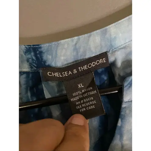 Chelsea & Theodore Tie Dye V Neck Button Up Long Sleeve Elastic Cuffs XL Blue - Image 3