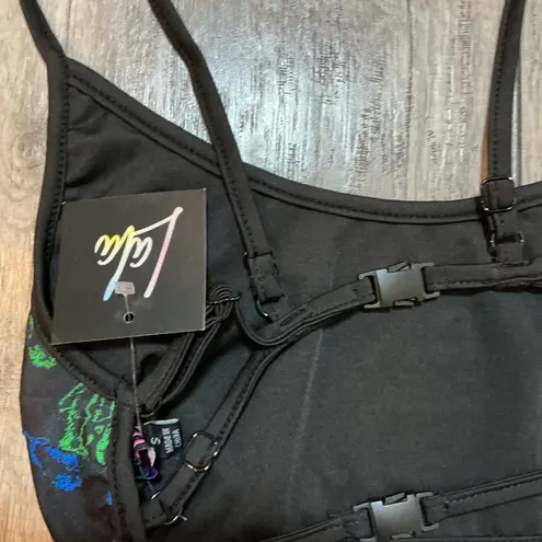 Feather 11 Rainbow Turtle Print Bikini Set High Waisted Swimsuit S Black