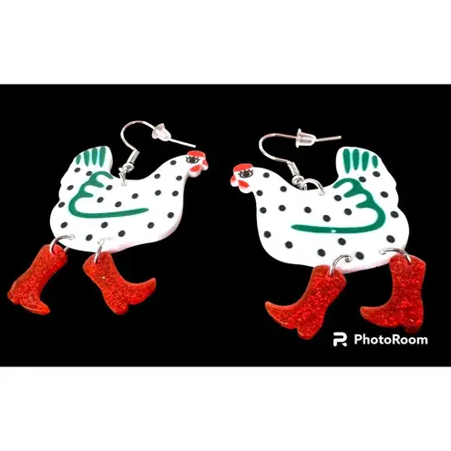 Christmas Chicken Earrings Glitter Red Boots Made for Walking Farm House…