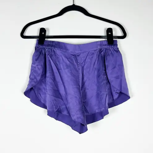 Lunya Washable Silk Satin Tulip Ruffle Overlay Mini Lounge Pajama Shorts Purple