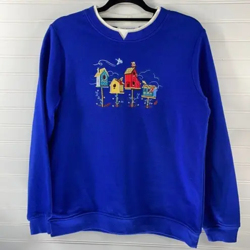 Breckenridge Blue Embroidered Birdhouse Pullover Christmas Grandma Sweater Sze S