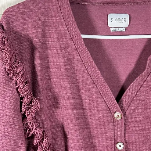 Saylor Mauve / Burgundy Cropped Sweater with Fringe Detail, button front