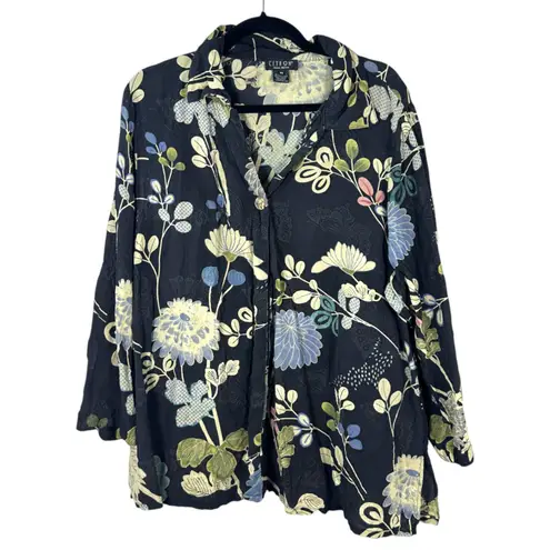 Citron Santa Monica Textured Silk Butterfly Floral Button Blouse Size 3X Black