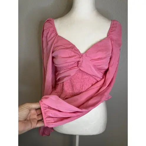 Prómesa Promesa Womens Blouse M Pink Boutique Cropped Tie Back Smocked Balloon Sleeve