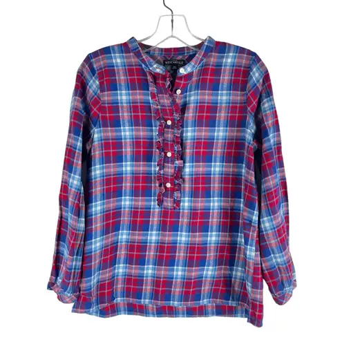 J.Crew  Mercantile Flannel Plaid Popover Shirt Top Ruffle Blue Red Size XS