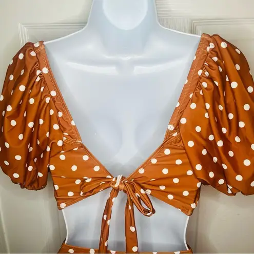 Marina West Brown White Polka Dot Two Piece Swimsuit Set Bikini Sleeve XL NWT Brown