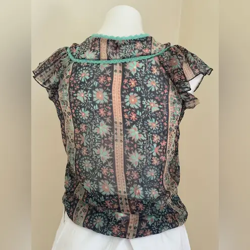 GLOBUS Green Blue Pink Cream Floral Print Sheer Sailor Collar Cap Sleeves Sz XS