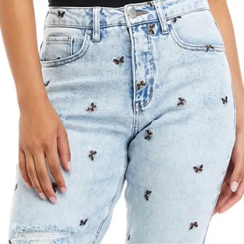 Material Girl  light wash butterfly embroidered distressed boyfriend crop jeans