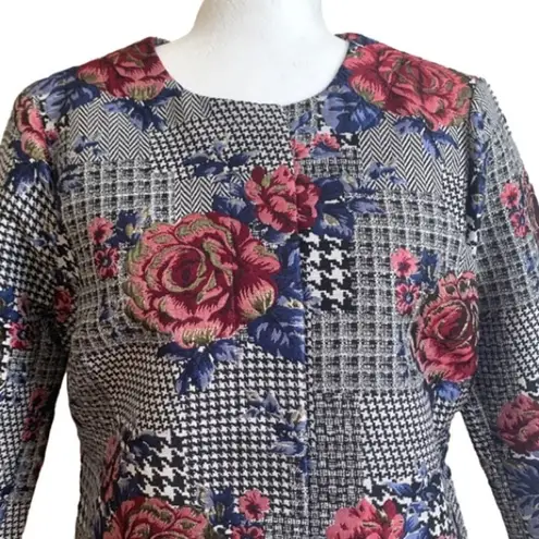 Alfani Blazer Jacket Houndstooth Floral Berry Snap Button Front Medium Petite