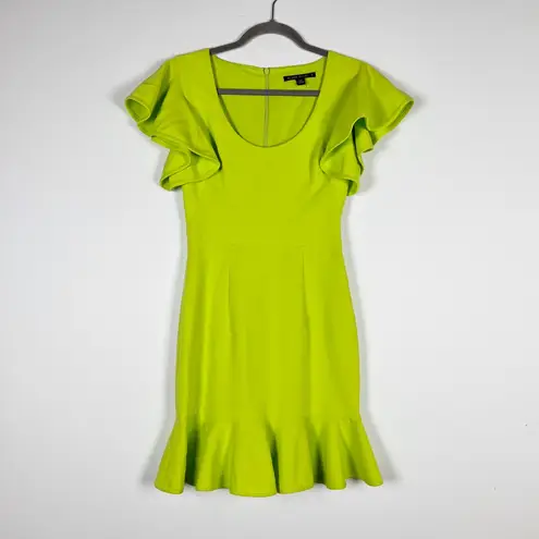 Black Halo Lynn Scoop Neck Ruffle Short Sleeve Fluted Cocktail Dress Lime Green