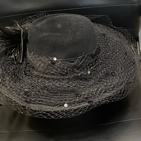 Angiolo Frasconi Wide Brim Black Velour Lace Feather Studded Funeral Hat OSFA