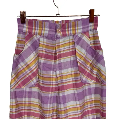 True Vintage 60s 70s Seersucker Plaid High Waisted Wide Leg Bellbottom Pants Pink Size XS