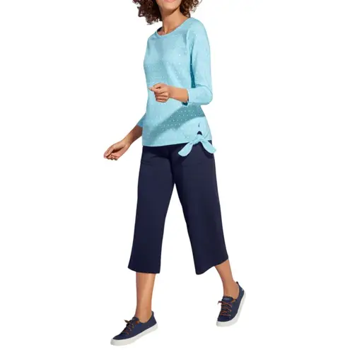 T by Talbots Light Blue White Polka Dot Tie Waist Crew Neck Top Women Size Large