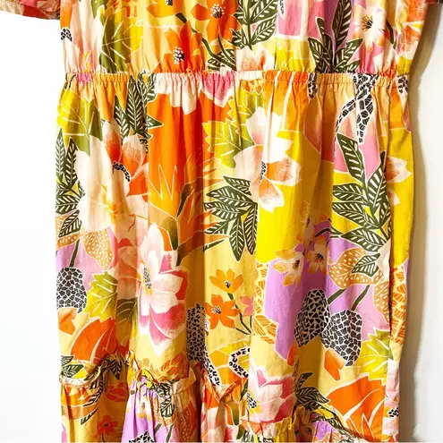 Farm Rio  Maribel Midi Dress Floral Puffed Sleeves Anthropologie Size Large