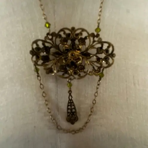 Vintage Czech Brass Filigree Necklace with Yellow Glass Cabochon & Chain Drop