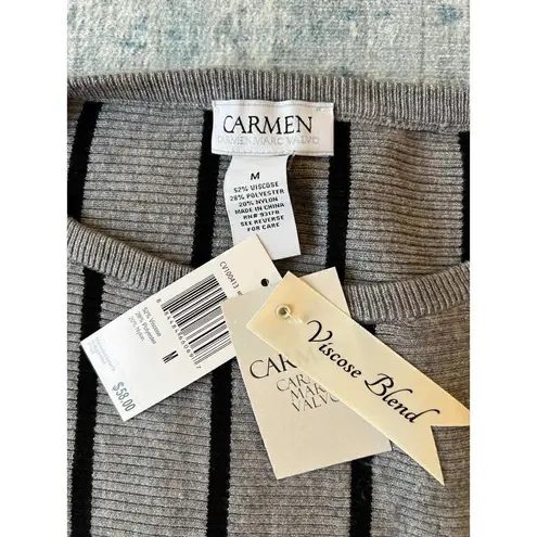 Carmen Marc Valvo NWT! Gray Ribbed Knit Black Stripe Dolman Sleeve Sweater M