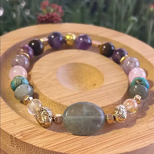 Handmade Fluorite + Rose Quartz + Amethyst Bracelet with Gold Accents