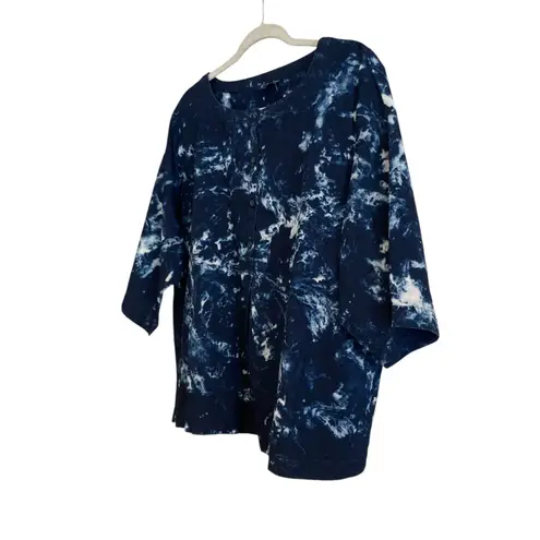 J.Jill Cotton Navy Blue White Tie Die Oversize Cropped Henley Top Size Small