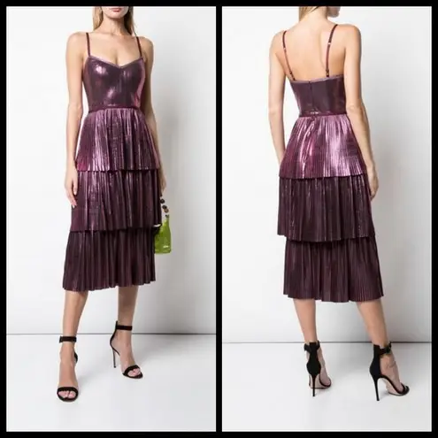 đź’•MARCHESA NOTTEđź’• Lame Pleated Tiered Midi Length Cocktail Dress Lilac Purple 0