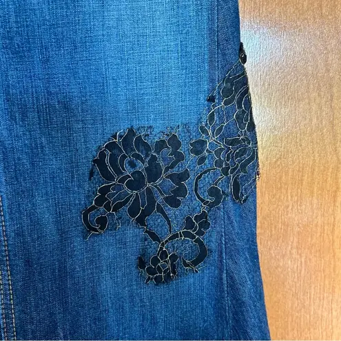 Bebe Long Denim Lace Applique Embellished Maxi Gusset Skirt Y2K Art to Wear