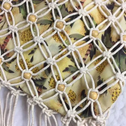 Vintage Macrame Pineapple Print Fringe Beaded Boho Handle Bag