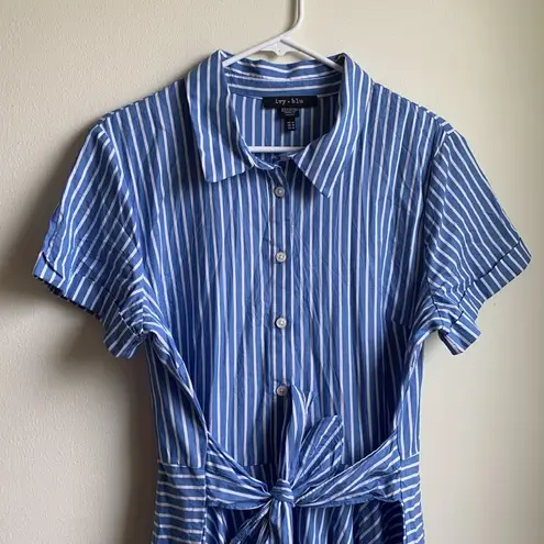 Ivy & Blue Striped Button Front Collared Shirt Dress (Sz 14) Blue & White Cotton