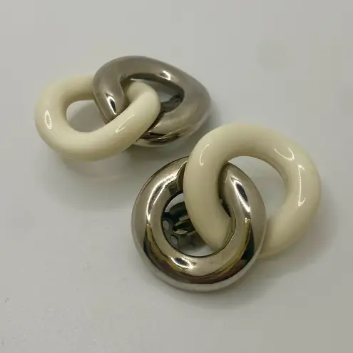 Givenchy Vintage 1980s Rhodium-Plated Ivory Enamel Figure-8 Clip Earrings