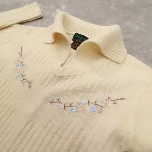 Chego Vintage Cream Floral Embroidered Angora Wool Blend Collared Sweater Medium