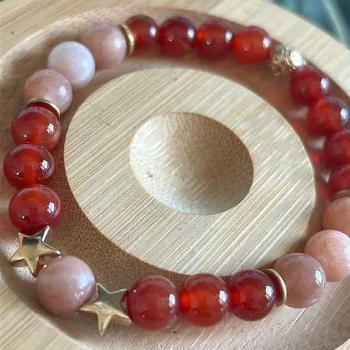 ❤️🧡🌟Handmade Carnelian + Peach Moonstone + Star Hematite + Lava Rock Bracelet Red