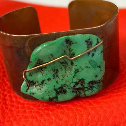Hand Crafted Artisan Copper Cuff Bracelet with Turquoise Stone Centerpiece