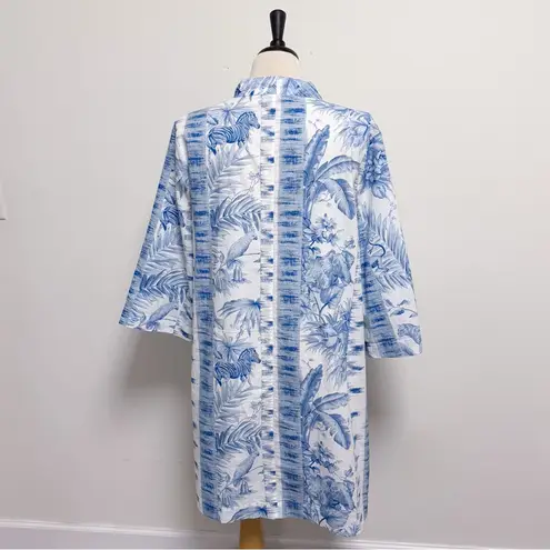 Tuckernuck Blue White Safari Toile 3/4 Sleeve Tie Neck A Line Mini Dress Large