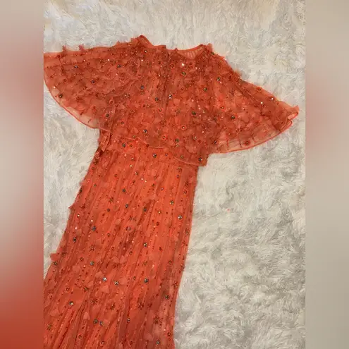 Mac Duggal NWOT Embellished Illusion Cape Sleeve Coral Trumpet Gown Sz 4