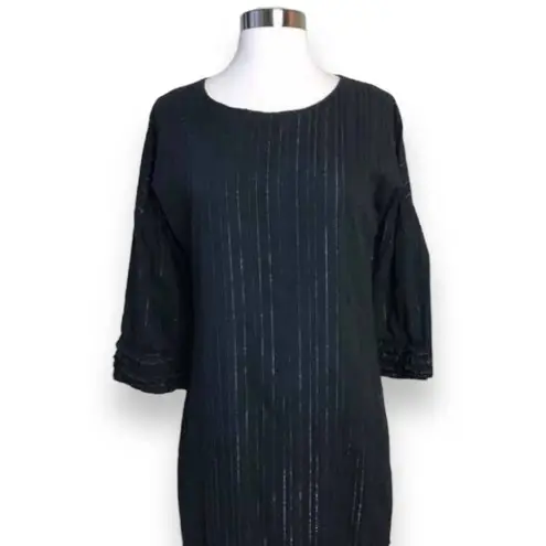Vertigo Paris Black Dress Metallic Pinstripes 3/4 Sleeve Ruffle Round Neck Small