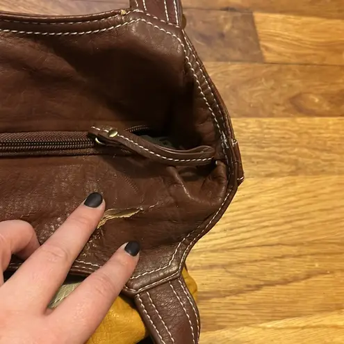 Boho Colorblock Brown Yellow White Faux Leather Pleather Shoulder Bag Purse