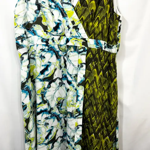 Midnight Velvet XL Dress Green White Blue Floral Sleeveless Faux Wrap Boho 1104